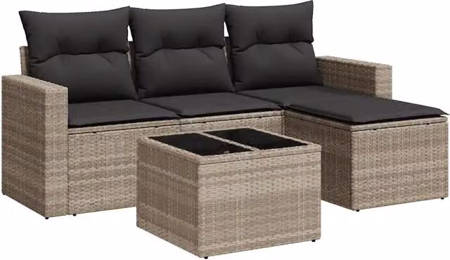 Set Divano da Giardino 5pz | Set Salotto da Giardino con Cuscini Grigio Chiaro Polyrattan