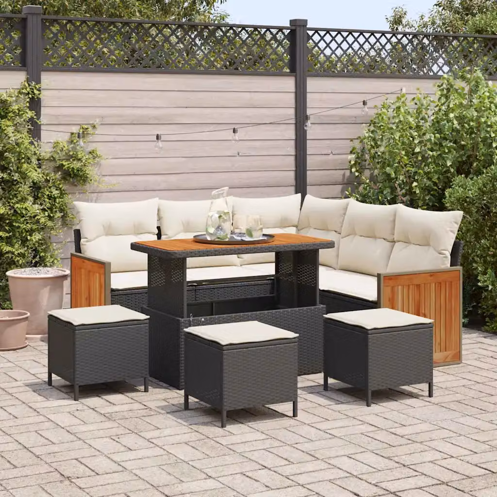 Set Divano da Giardino vidaXL 9 Pezzi con Poltrona, Tavolino e Ottoman, Design a L con Cuscini, Colore Nero e Beige – 1