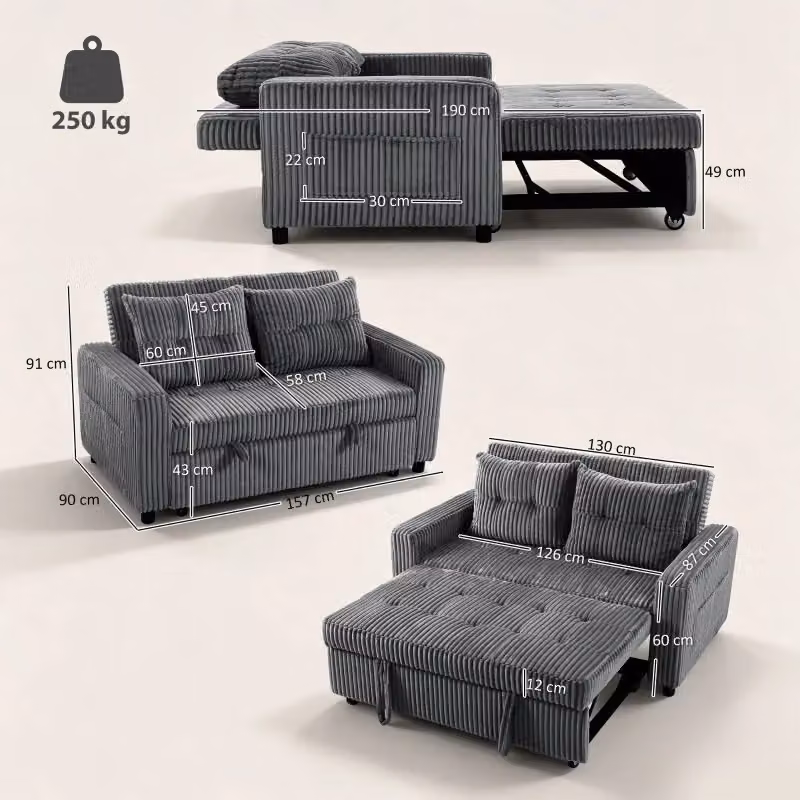 Divano letto 2 posti WISHDOR in velluto a coste grigio, modello moderno con schienale regolabile e cuscini inclusi – 2