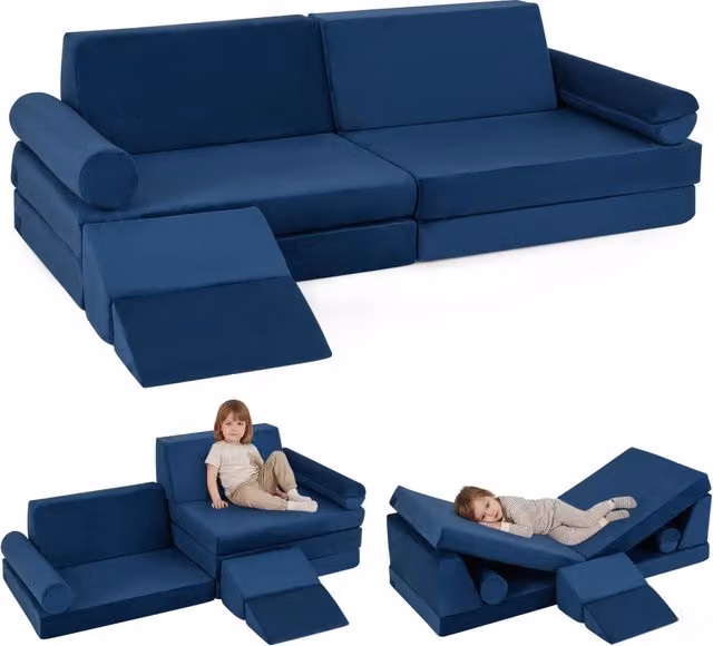 Divano componibile per bambini con rivestimento in velluto cristallo, Divanetto modurale sottovuoto a 10 pezzi Blu