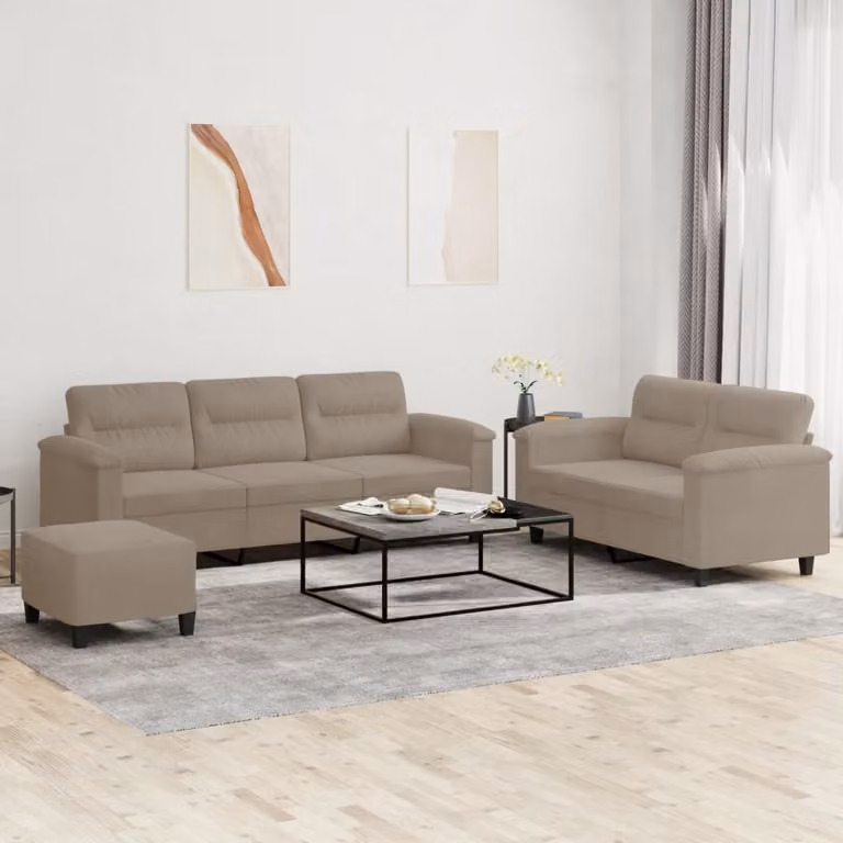 Set di Divani vidaXL 3 Pezzi in Microfibra con Pouf e Cuscini, Colore Grigio Beige