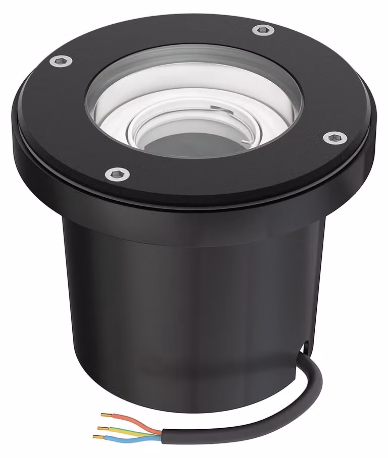 Faretto da incasso per pavimento, grado di protezione IP67, colore nero, forma circolare, diametro 150 mm, attacco GU10, potenza massima 15 W