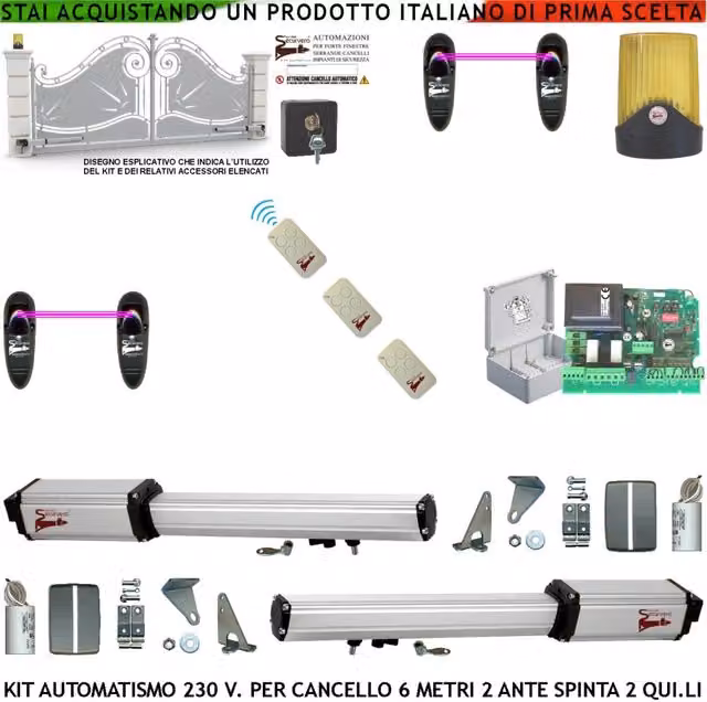 Cancello Automatico 6 Metri 2 Ante da 3 MT Kit Base 2 Motori Elettromeccanici 230 V Corsa 500 mm Spinta 2 Q.li Kit Staffe 3 Radiocomandi 2 Coppie Fotocellule Faro 2 Chiavi Sblocco Cartello Monitore