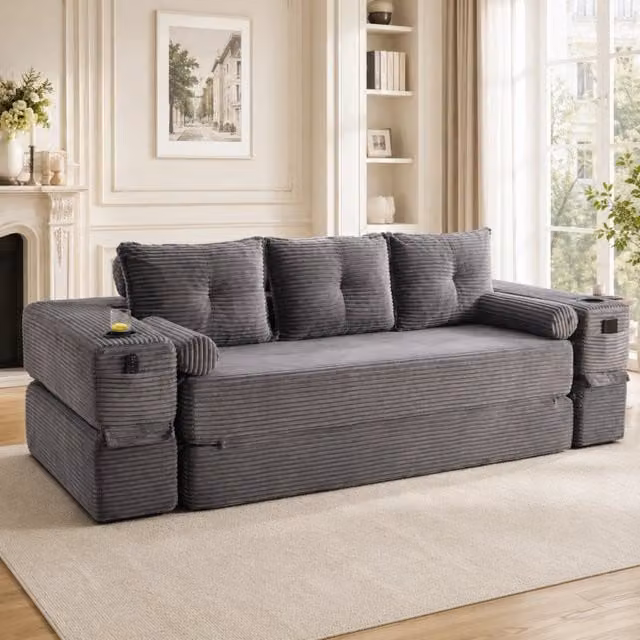 Divano letto 232x98x80 cm modulare in velluto a coste grigio scuro
