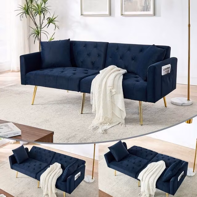 Divano 2 posti in velluto ¨C Minimal ¨C blu, gambe in metallo, con 2 cuscini, schienale regolabile