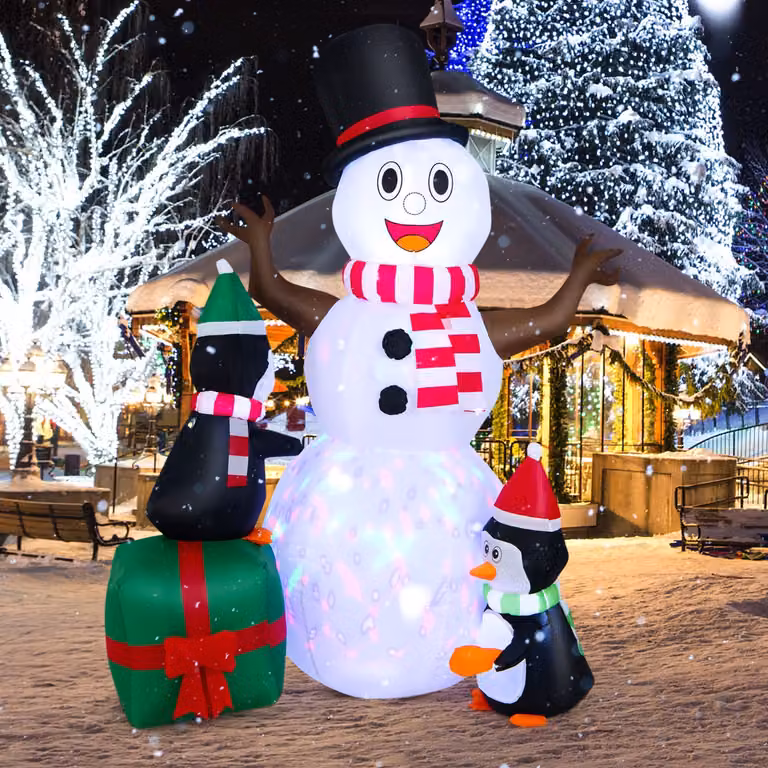 Costway Pupazzo di neve gonfiabile bianco con pinguini, decorazione natalizia invernale con luci LED e soffiatore, Altezza: 180 cm
