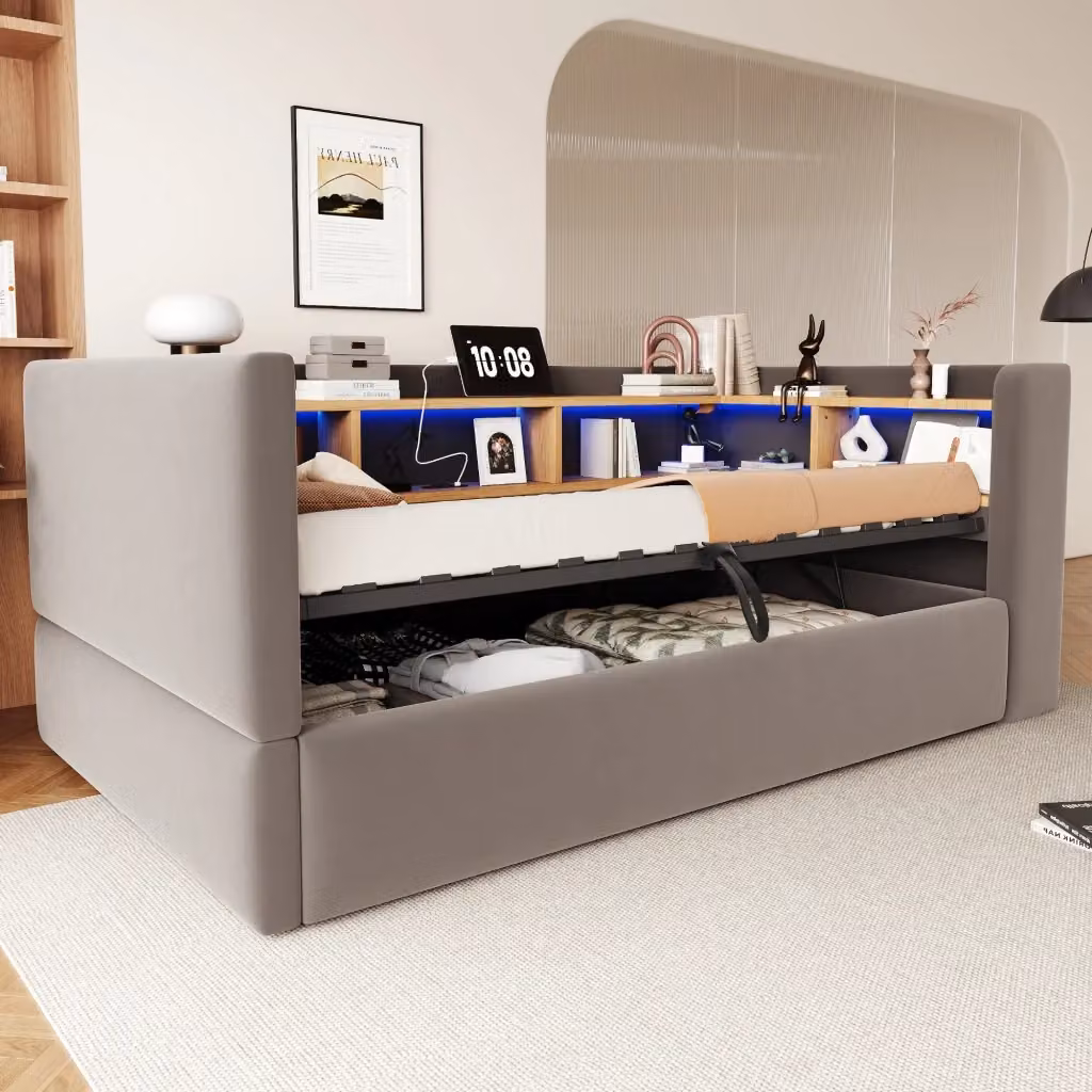 Divano letto imbottito WISHDOR con vano contenitore idraulico, LED e prese, grigio scuro, L: 190 cm, P: 90 cm, H: 108,5 cm – 2