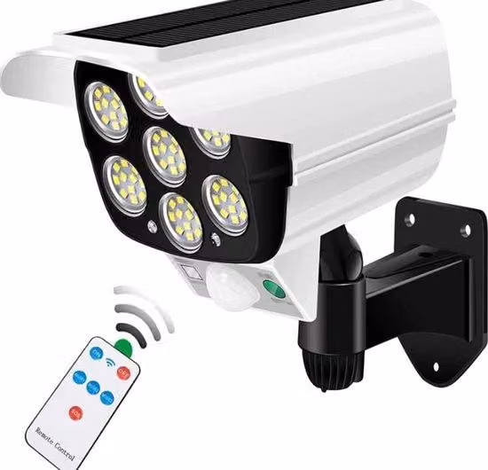 Lampada solare con sensore di movimento, 2000 lumen, faretto a 77 LED con telecomando, impermeabile IP66, telecamera di sicurezza wireless (senza funzione di ripresa), adatta per verande, giardini, terrazze e vialetti.