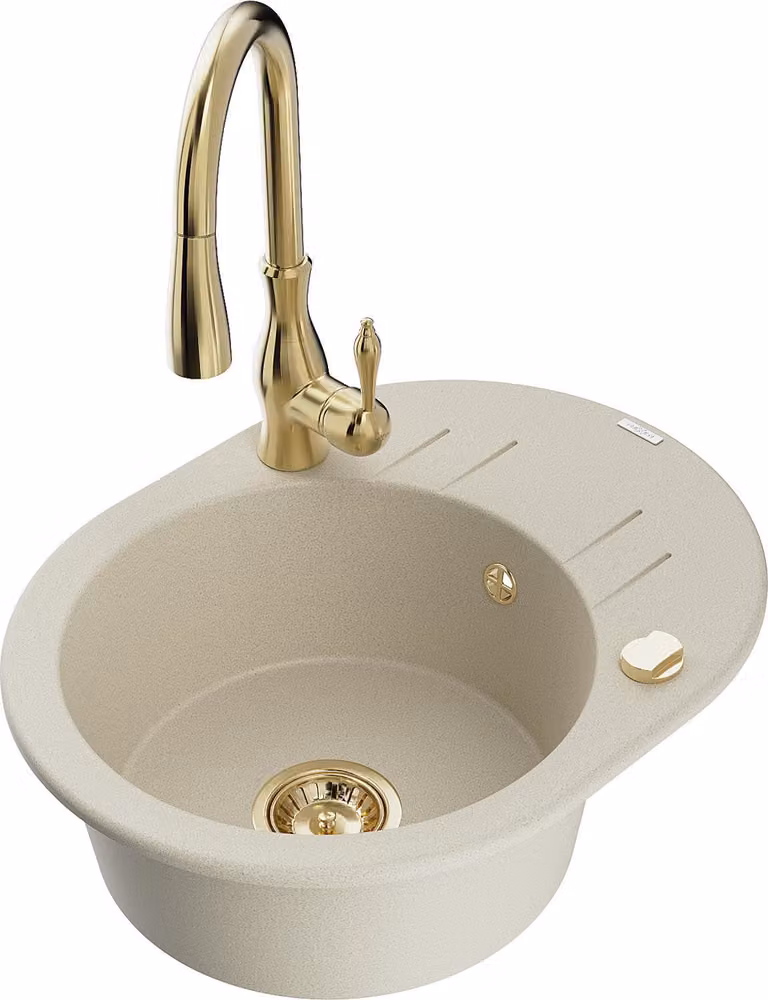 Mexen Kevin lavello in granito a 1 vasca con gocciolatoio e rubinetto da cucina Savita, beige - 6517-69-672601-50