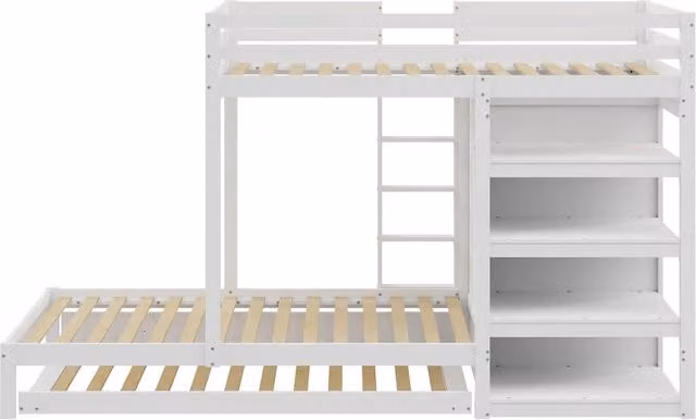 Letto a castello in legno massiccio 90x200 cm con letto estraibile, armadio, cassetti e mensola, bianco