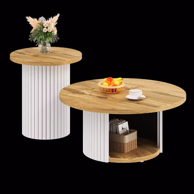 Tavolino da caffè rotondo, doppio, in legno naturale, multifunzionale, design moderno