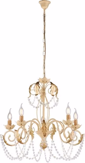 Lampadario Sospeso Shabby Chic Belight in Metallo Bianco e Oro con Cristalli Trasparenti e 5 Luci