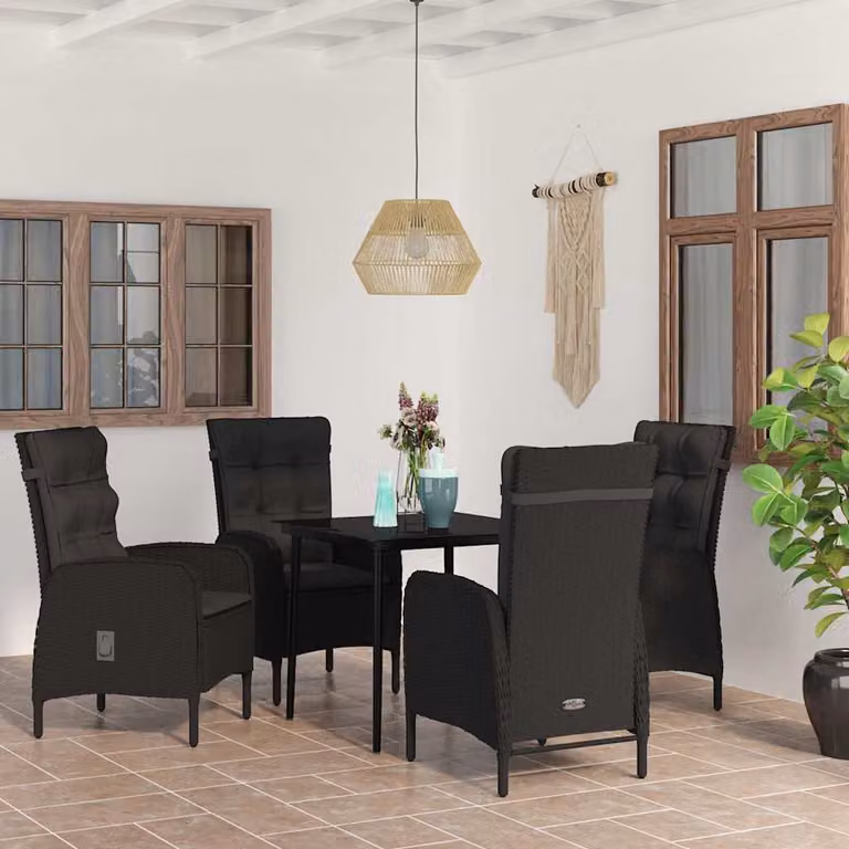 Set da pranzo da giardino vidaXL in polyrattan nero con 5 pezzi e cuscini
