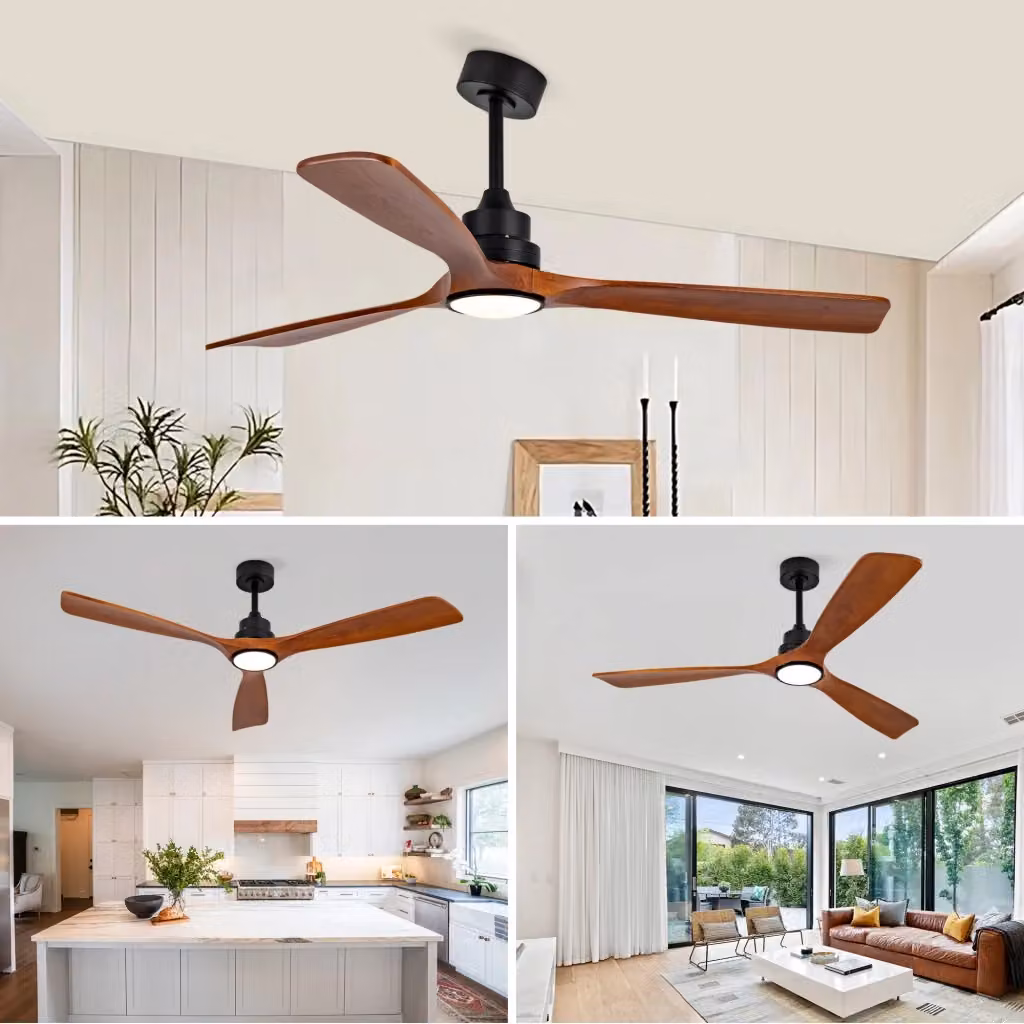 Ventilatore da soffitto moderno con luce LED dimmerabile, telecomando e pale in legno, colore noce e nero, diametro 152,4 cm – 2