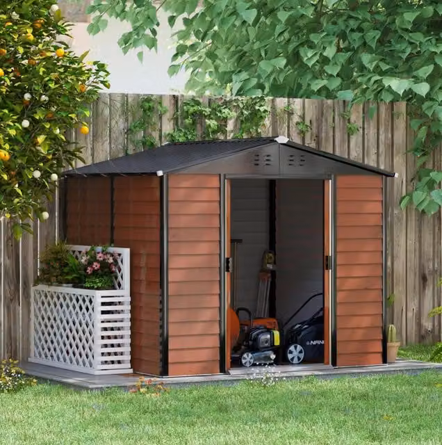 Casetta da giardino ULEVR 240x206x198 cm in acciaio zincato, con doppie porte, ventilazione e telaio di base, teak