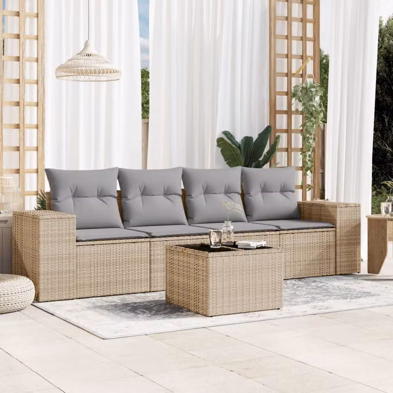 Set Divano da Giardino 5 pz vidaXL con Cuscini Beige e Tavolino in Vetro per Terrazza e Giardino