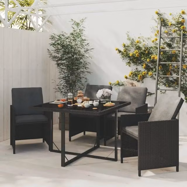 Set da Pranzo da Giardino 5 pz con Cuscini in Polyrattan Nero 3095504