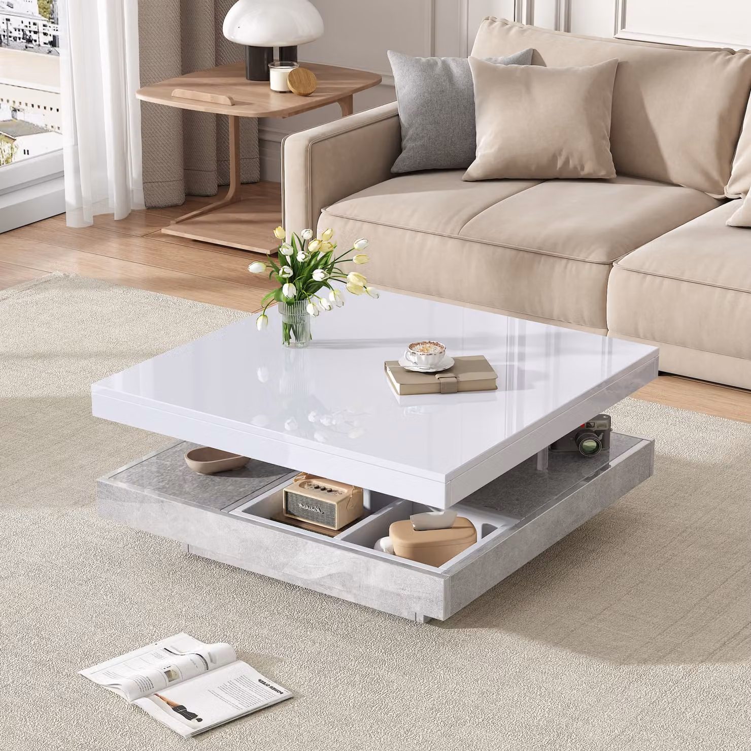 okwish Tavolo conferenza quadrato, finitura lucida, piano girevole a 360°, doppio piano girevole con spazio contenitore. Tavolino da salotto con piano bianco, effetto marmo, in truciolato