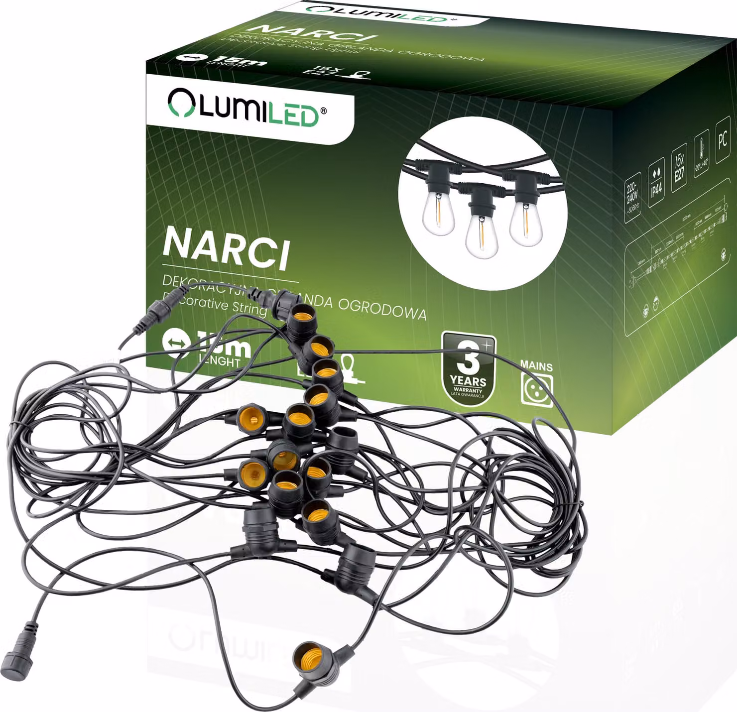 LUMILED luci fiabesche da esterno 15 metri con 15 lampadine E27 presa 230V per giardino birra festa matrimonio decorazione terrazza estensibile con alimentazione