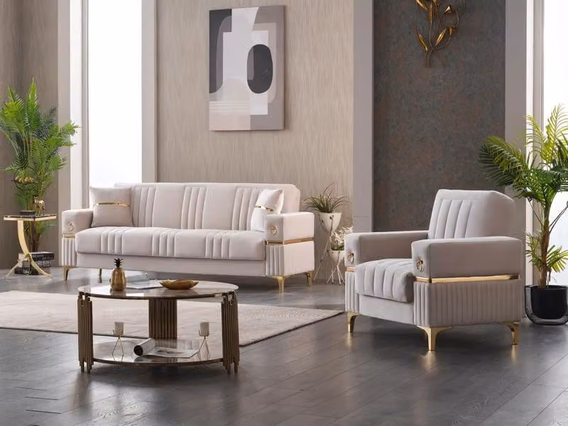 Luxus Sofagarnitur Dreisitzer Sessel Polstersofa Stoff Beige Couch