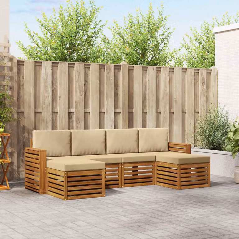 Set di divani da esterno vidaXL a forma di L composto da 6 pezzi in legno di acacia con cuscini beige e sabbia