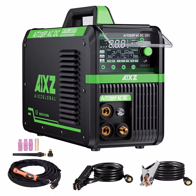 Saldatrice AC/DC-TIG - Modello AIT200P - Funzione pulsata - Accensione ad alta frequenza (HF) - MMA (elettrodo rivestito): 20–145 A - TIG: 10–185 A - Display digitale - 220–240 V, spina europea