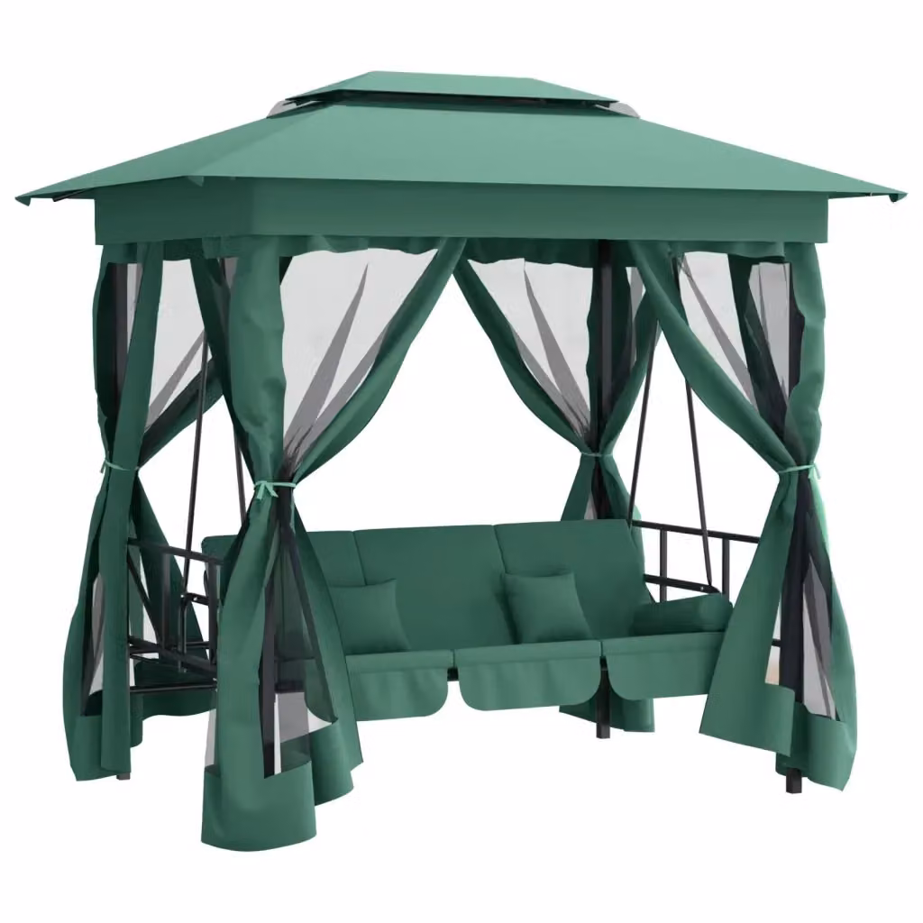 Gazebo vidaXL con Panca a Dondolo Convertibile in Letto, Colore Verde, Acciaio Verniciato e Tessuto Resistente ai Raggi UV – 2