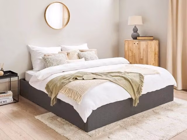 Letto contenitore Beliani con doghe in legno e base a sollevamento, design moderno, rivestimento in tessuto grigio, L/P: 180 x 200 cm