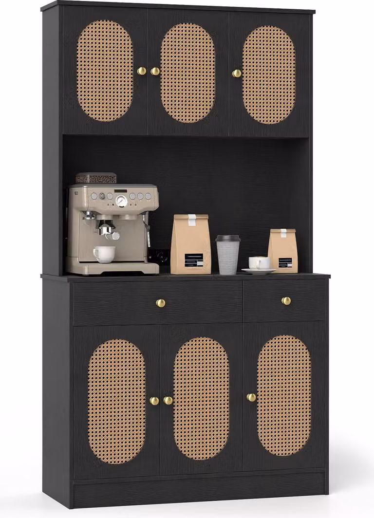 COSTWAY Mobile da cucina in legno, credenza con 2 prese elettriche, 2 porte USB, ante in rattan, piano di lavoro e 2 cassetti, 100x40x180 cm (nero)