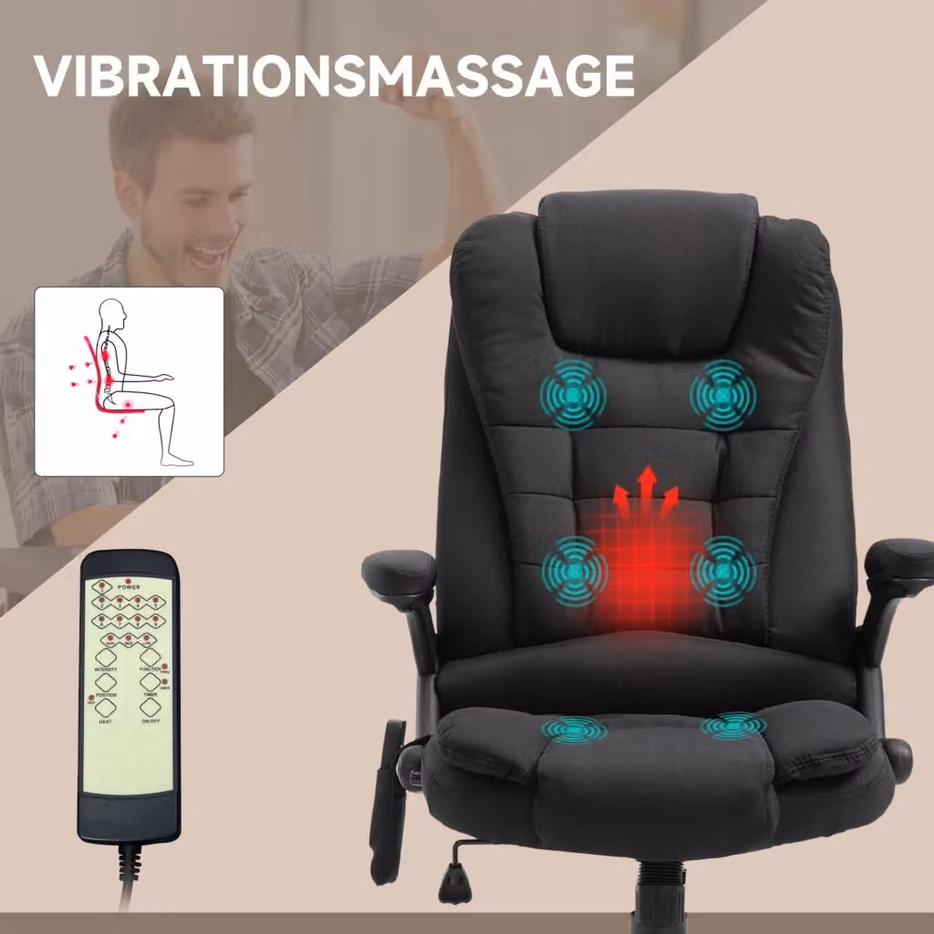 Sedia da ufficio massaggiante nera con riscaldamento, schienale reclinabile, poggiatesta e rotazione a 360 gradi, L/P/H: 51 x 52 x 120 cm – 2