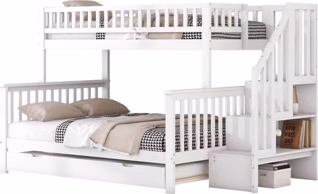 Letto a castello REDOM per bambini in pino bianco laccato con letto estraibile e scala con gradini