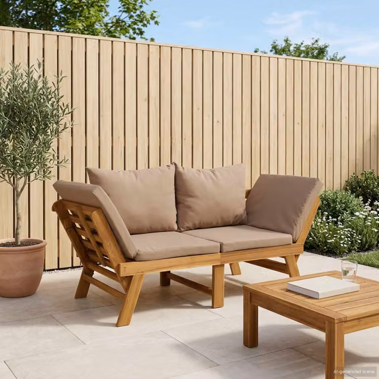 Panchina da giardino 3 in 1 vidaXL in legno di acacia e metallo con cuscini beige e grigi, stile rustico, L: 162 cm, P: 72 cm, H: 65 cm
