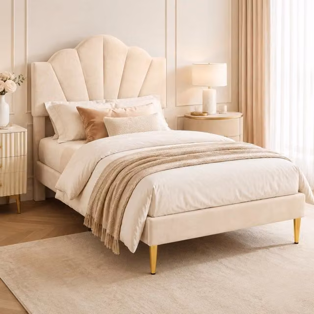 Letto singolo imbottito 90 × 200 cm in velluto beige con testiera regolabile rete a doghe e piedi dorati