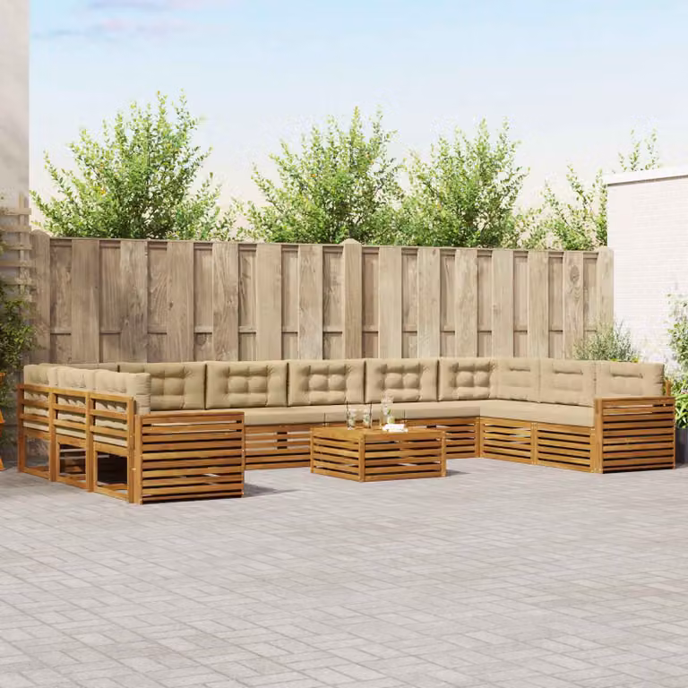 Set di divani da giardino vidaXL in legno di acacia massello con cuscini, 11 pezzi, beige e marrone