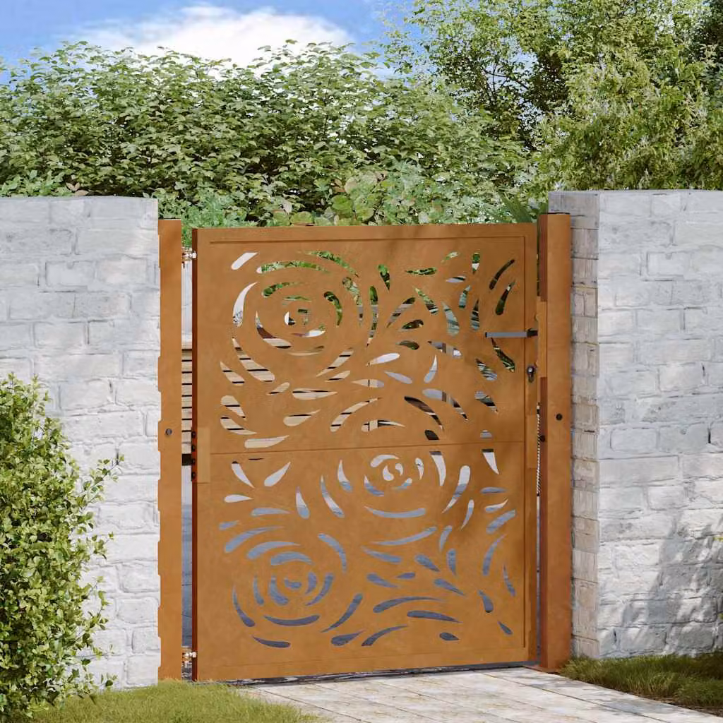 Cancello singolo da giardino vidaXL in acciaio color marrone con design a fiamma L: 110 cm, H: 105 cm, P: 10 cm