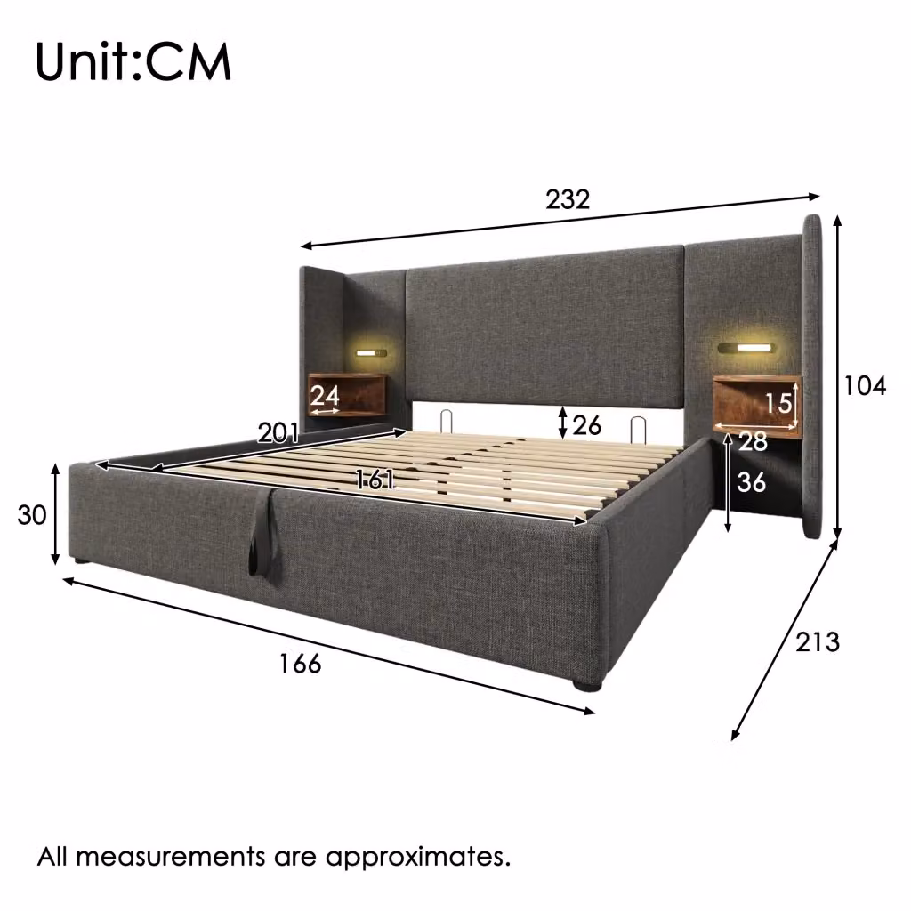 Letto matrimoniale imbottito KOMHTOM in lino grigio con contenitore a sollevamento, porta USB, luce da lettura e mensola integrata, L/P/H: 160 x 200 x 104 cm – 2