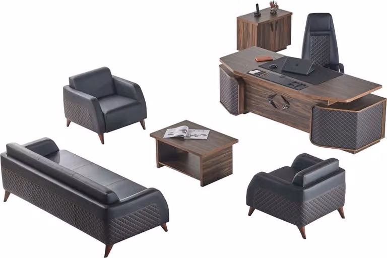 Modern Komplett Arbeitszimmer-Set Schreibtisch Sofas Braun Schwarz Leder