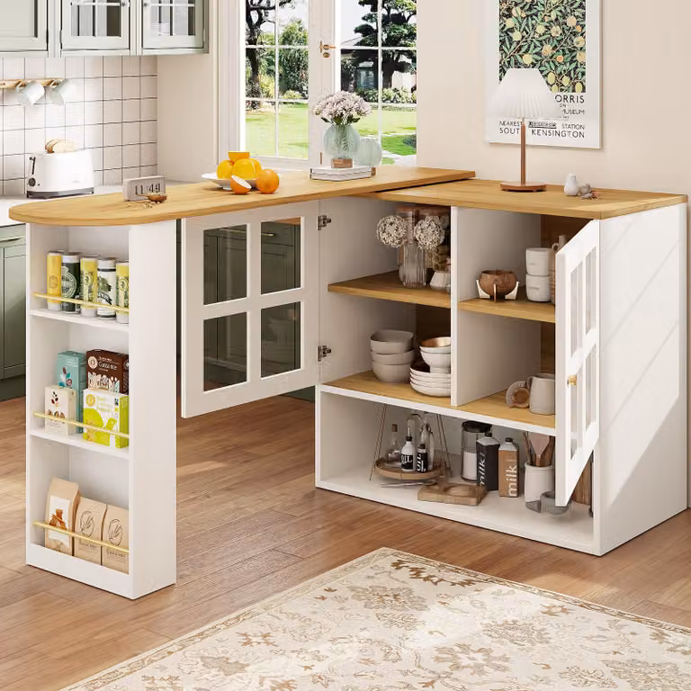 MODFU, mobiletto da cucina girevole, mobiletto da cucina multifunzionale rotante con ripiano e elemento in vetro, dotato di un ripiano per snack e 5 ripiani, colore bianco