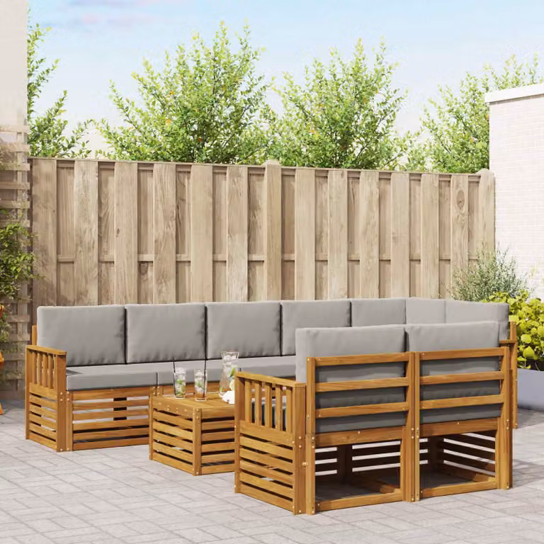 Set di divani da esterno vidaXL 9 pz in legno di acacia con cuscini Grigio, Beige e Bianco