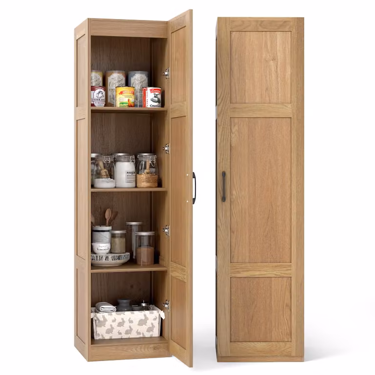 COSTWAY, mobiletto alto a 4 ripiani, armadietto stretto, mobiletto a terra con porta, organizer per dispensa, dimensioni 40x37,5x150 cm, ideale per la cucina, colore naturale