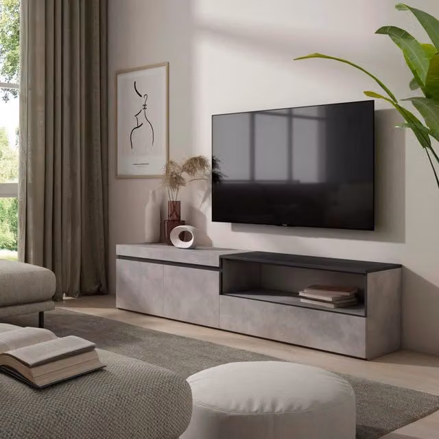 Mobile TV, 200x35x45cm, soggiorno, Per TV fino a 80", Mobile Soggiorno, grigio cemento RF2226