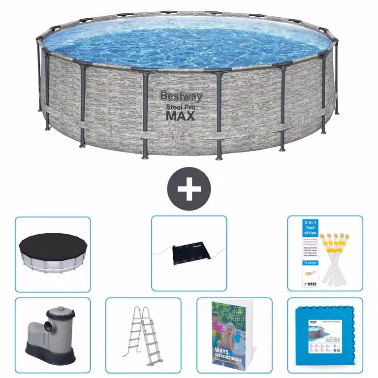Bestway Steel Pro MAX, piscina in acciaio, forma rotonda, dimensioni 488x122 cm, composta da 6 parti, modello S621