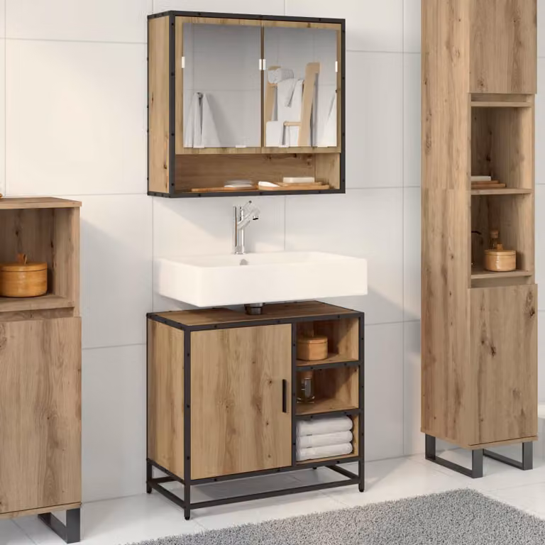 Set di mobili per il bagno vidaXL composto da mobile sottolavabo e armadietto con specchio in rovere e metallo, colore marrone, moderno, L/P/H: 60.0 x 33.0 x 65.0 cm