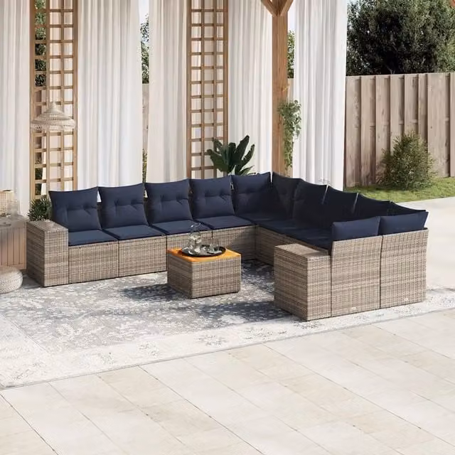 Set Divani da Giardino 11 pz con Cuscini Grigio in Polyrattan 3225641