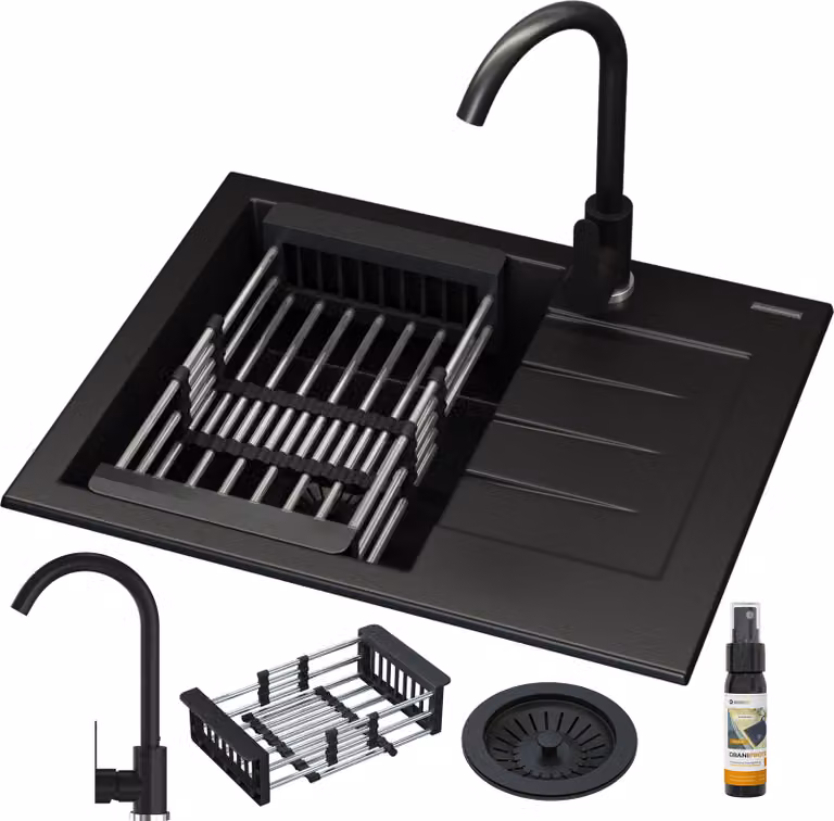 Granitan - Lavello in granito - Lavello da cucina - 57x46 cm - Nero - con rubinetteria PRESTIGE e scolapiatti - MILANO