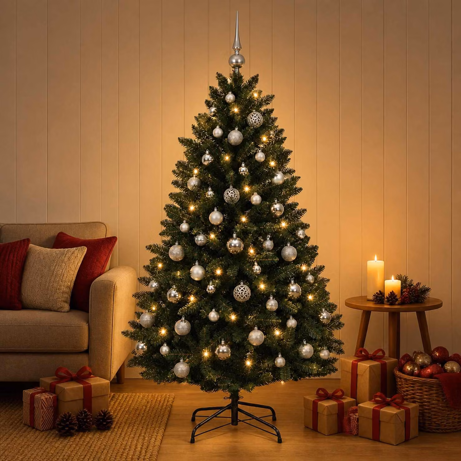 Albero di Natale artificiale, color verde scuro, decorato con palline natalizie