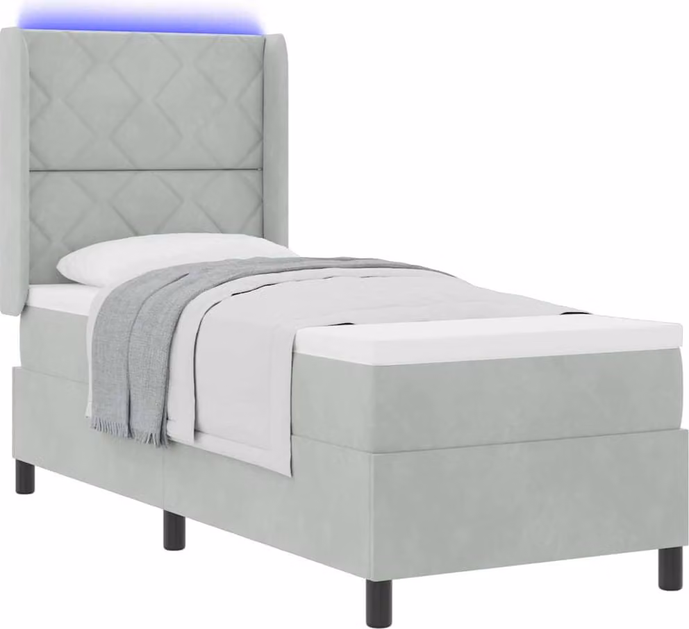 Letto con rete a molle e illuminazione a LED, colore grigio chiaro, dimensioni 80 x 200 cm, rivestito in velluto