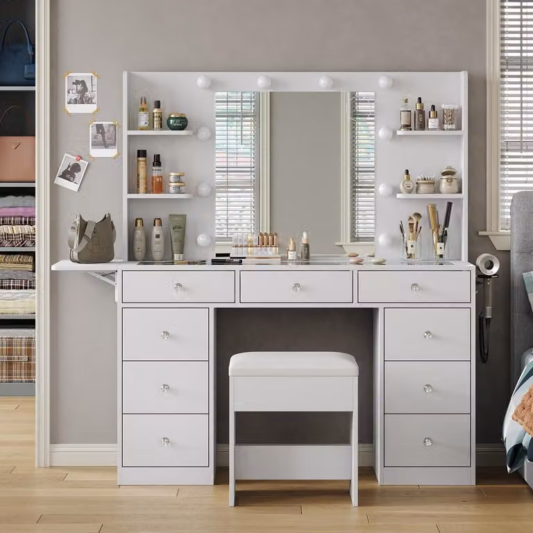Comò da trucco con illuminazione, 9 cassetti, 4 scomparti, specchio, prese di corrente, colore bianco