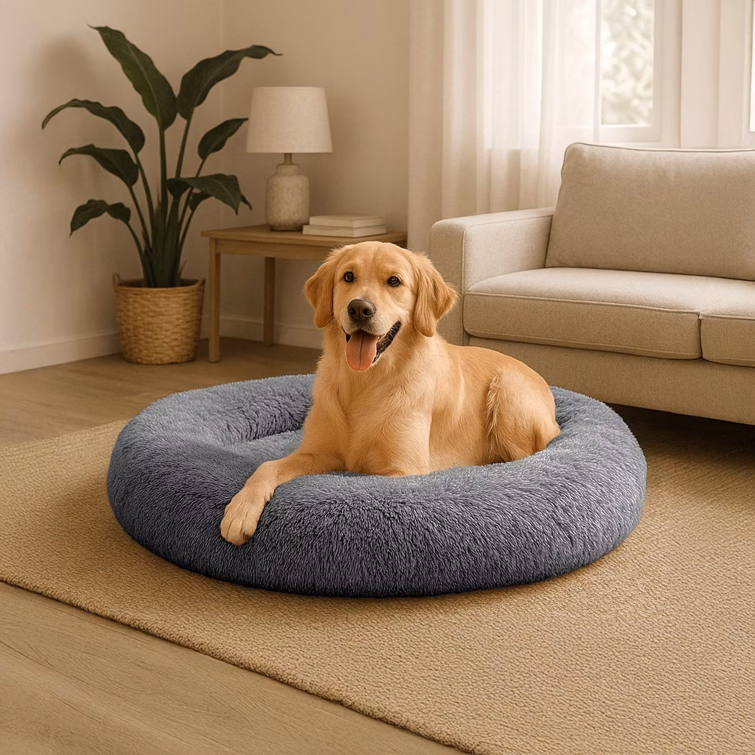 belviona donut dog bed, accogliente letto in peluche con morbida imbottitura, presa sicura e bordo ergonomico, diametro 100 cm, antracite