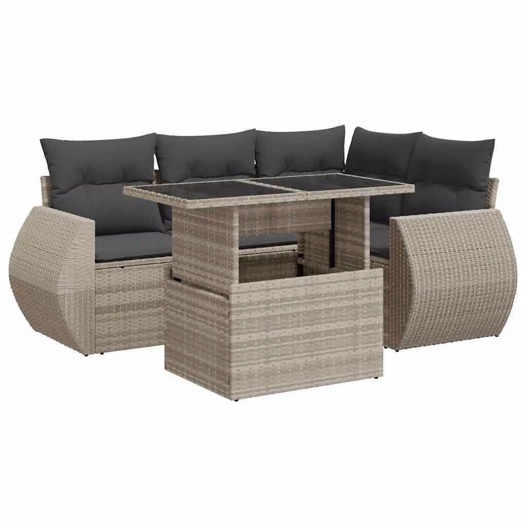 Set Divano da Giardino 5pz con Cuscini Grigio Chiaro Polyrattan